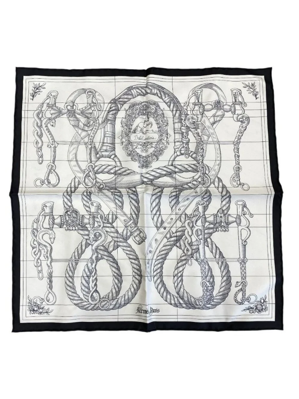 Hermes Della Alleria Kavaleria Scarf Carre 45 Gavroche 25 Silk Black White